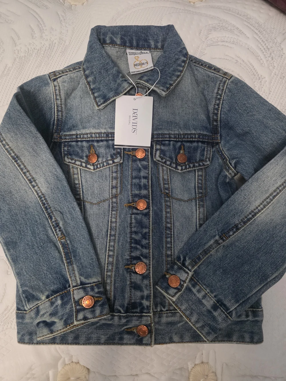 David's Bridal Denim Jacket with Pink Script & Floral Embroidery